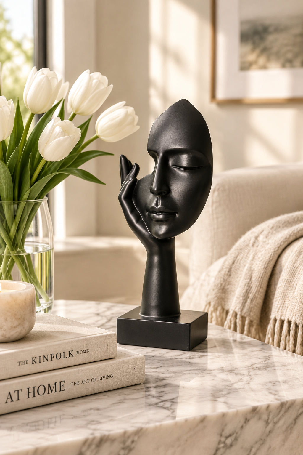 Abstract Hand & Face Sculpture – Modern Figurine Décor | Matte Black & Antique Gold