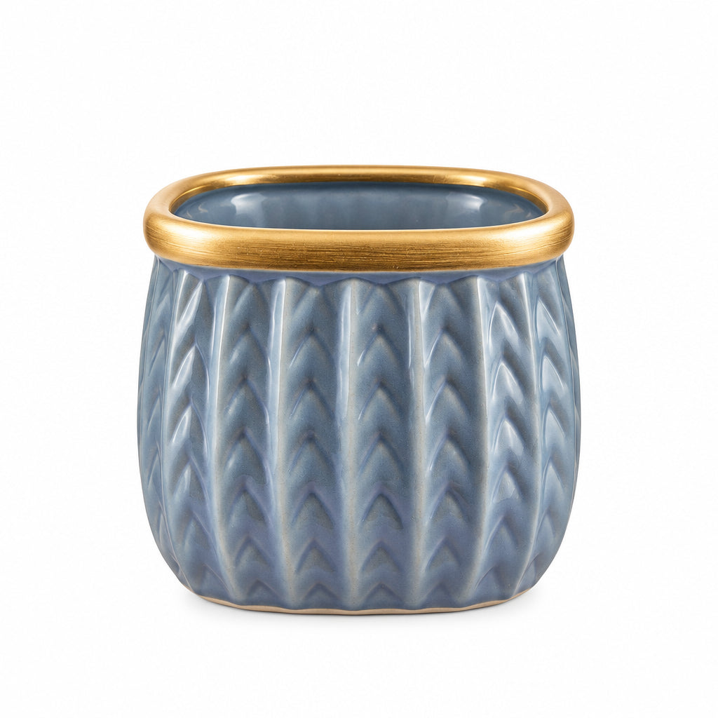 Handcrafted Ribbed Ceramic Mini Planter – White & Gold Glazed Interior