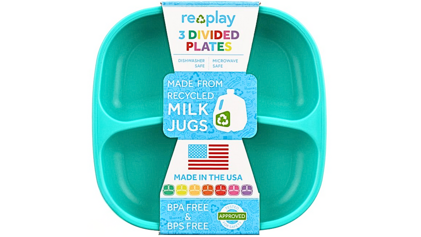 3-Divided Plates | Made From Recycled Jugs | Set of Three (3). Colors: Aqua Green, Orange, Lime Green