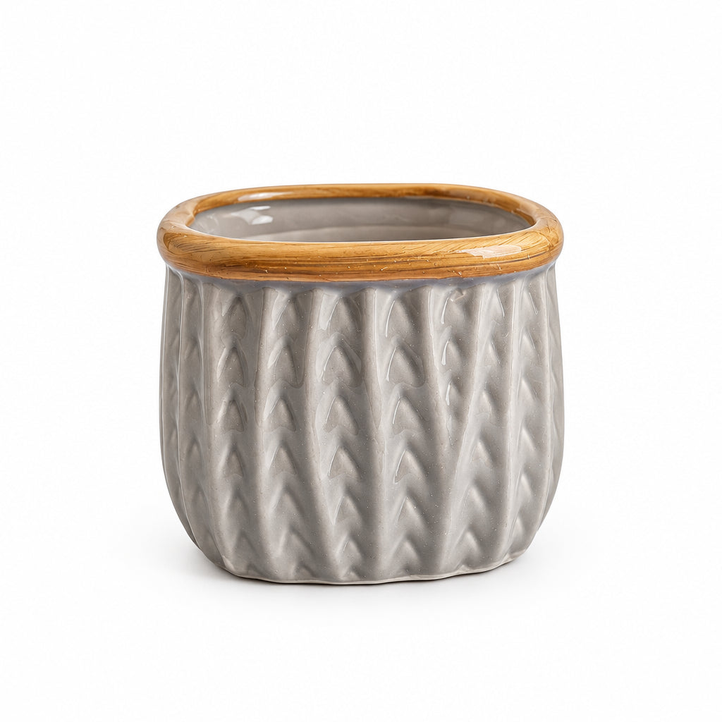 Handcrafted Ribbed Ceramic Mini Planter – White & Gold Glazed Interior