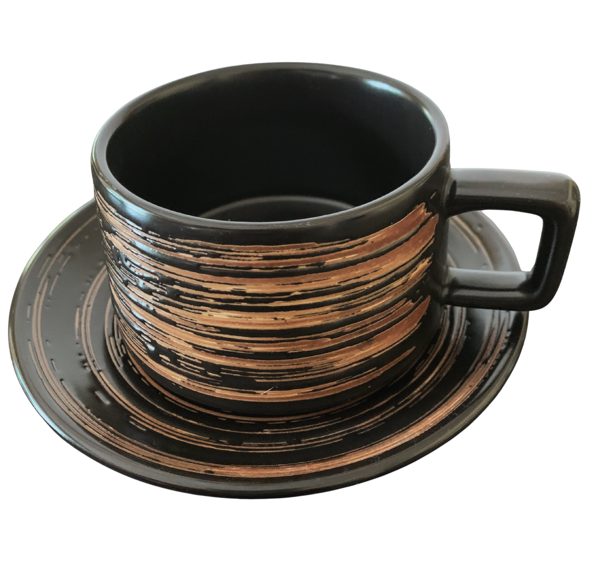 Matte Black & Copper Brushstroke Ceramic Cup & Saucer Set – 266ml