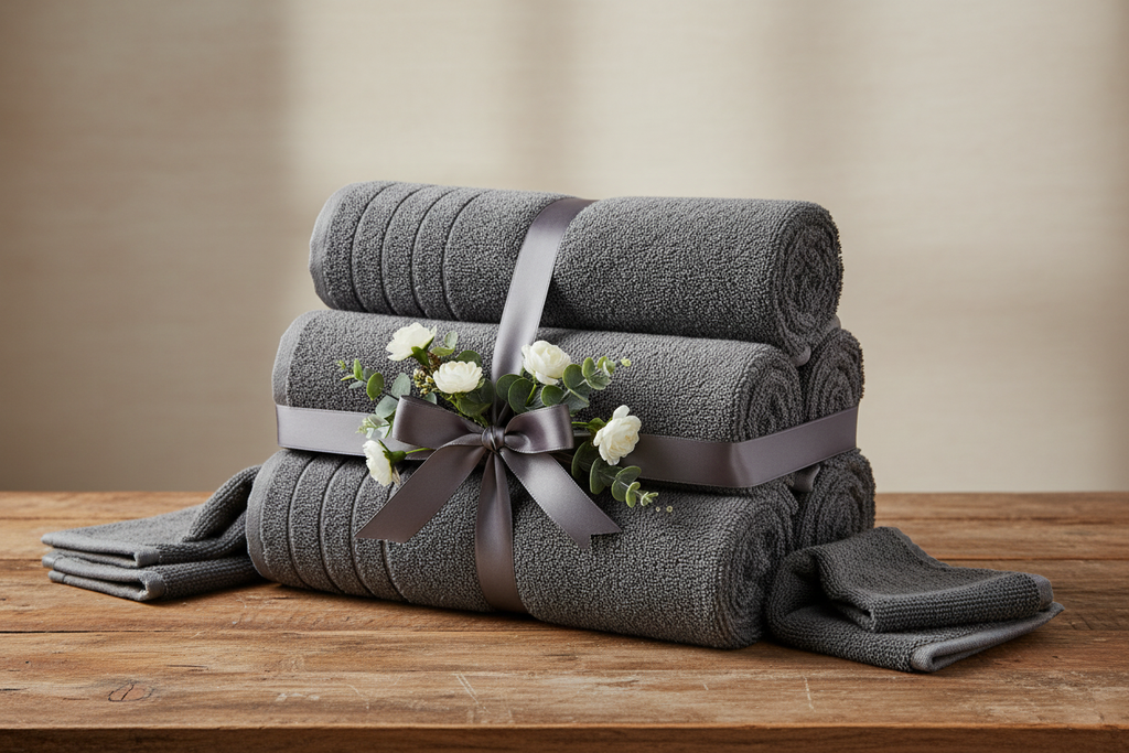 6-piece dark grey towel set as a gift on a wooden table