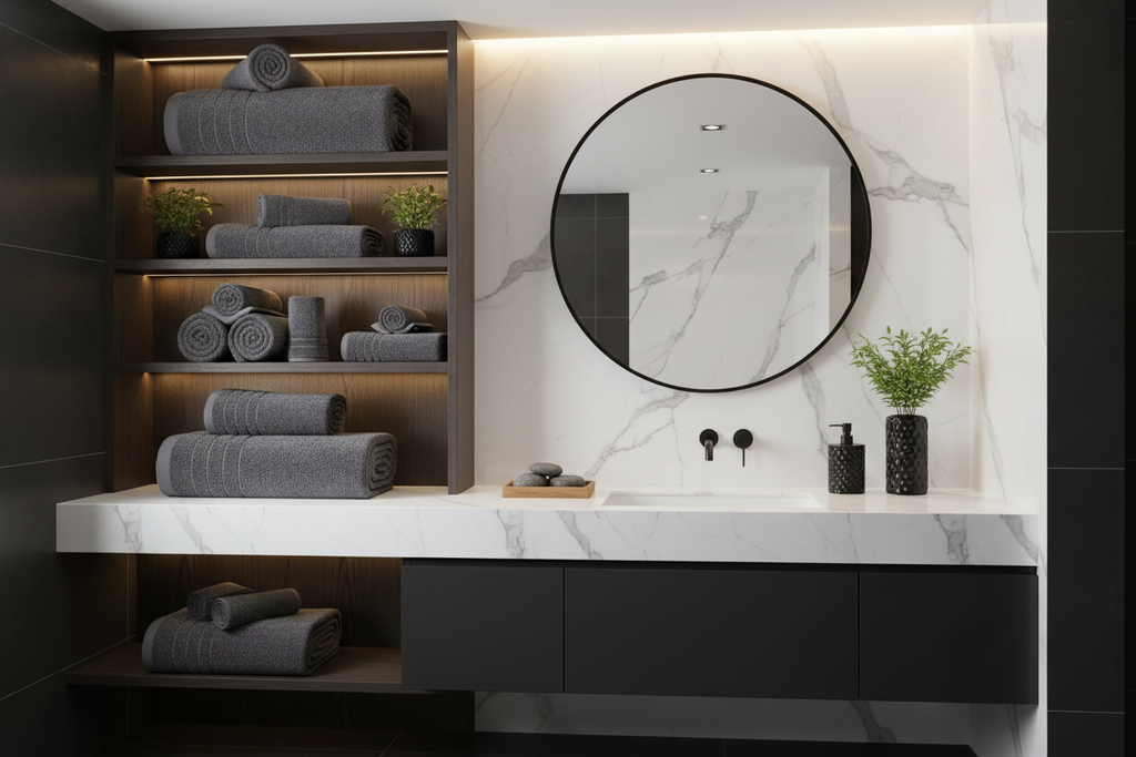 6-piece dark grey towel set rolled on luxury bathroom shelving