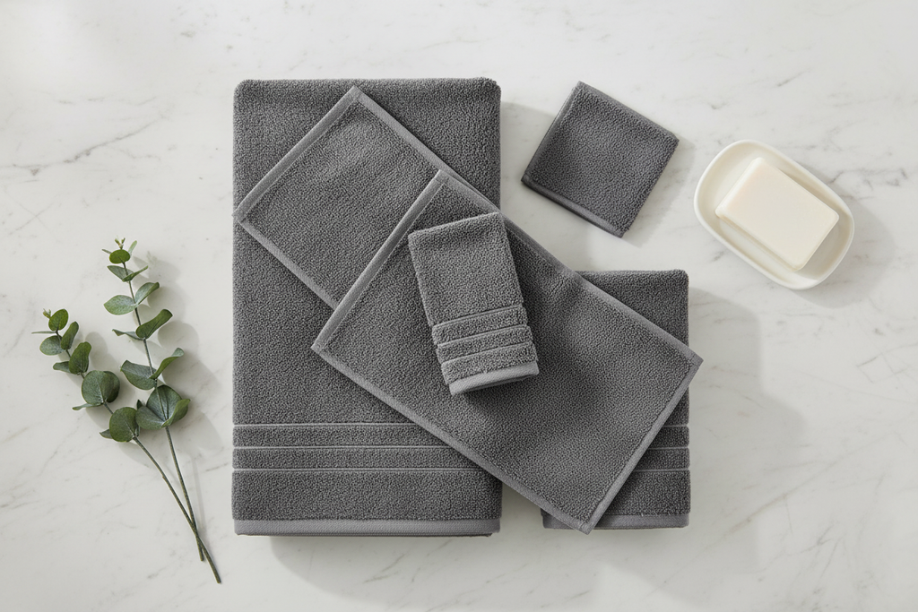 6-piece dark grey Turkish cotton towel set on marble countertop
