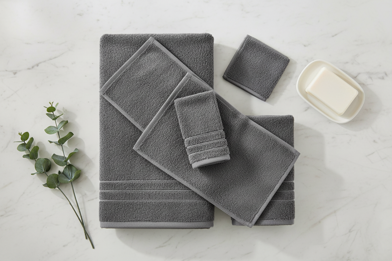 6-piece dark grey Turkish cotton towel set on marble countertop