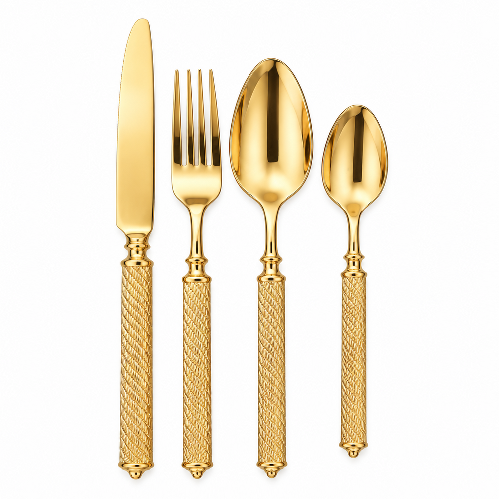 Aria Textured Gold Flatware Set, 4 Pieces – Hammered Gold Stainless Steel Silverware for Elegant Dining