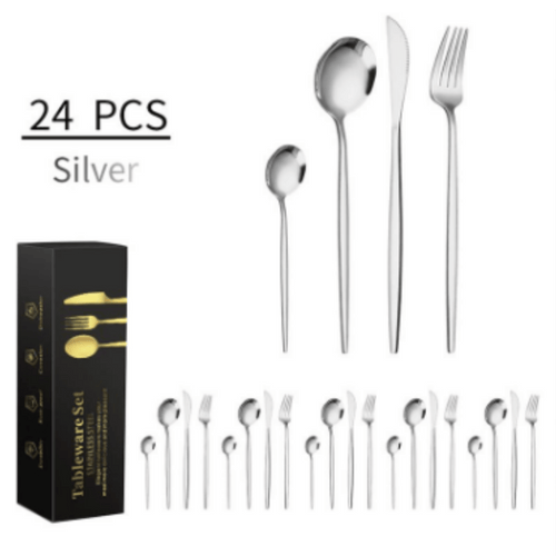 24-piece silver stainless steel flatware set displayed with gift box packaging on white background