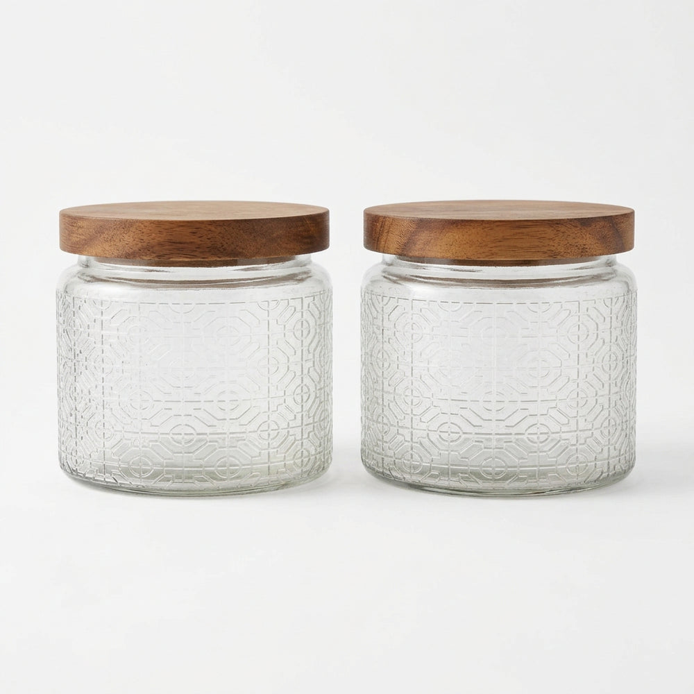 Round  Decorative  2 PC  Glass Storage Jars with Acacia Wood Lids