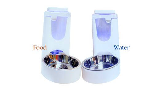 Pet Feeder - Food And Water Automatic Pull Dispenser for Dogs Cats Bunny etc., 100% BPA-Free, Gravity Refill, Easily Clean, Color: White &  Blue [Sold as Set of two or 1 Single Piece]