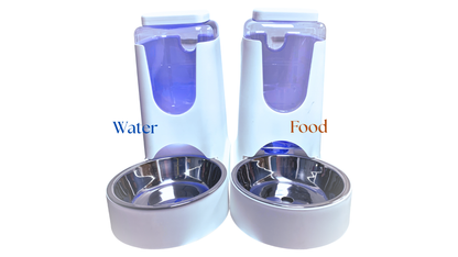 Pet Feeder - Food & Water Automatic Pull Dispenser for Dogs Cats Bunny/Rabbit etc., 100% BPA-Free, Gravity Refill, Easily Clean, Color: White &  Blue, [Sold as Set or Single 1 Piece]
