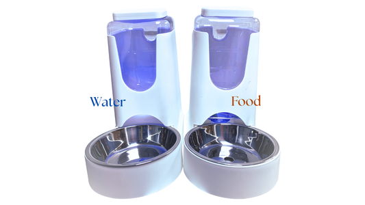 Pet Feeder - Food & Water Automatic Pull Dispenser for Dogs Cats Bunny/Rabbit etc., 100% BPA-Free, Gravity Refill, Easily Clean, Color: White &  Blue, [Sold as Set or Single 1 Piece]