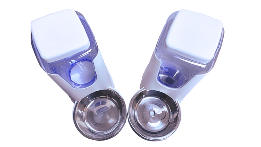 Pet Feeder - Food & Water Automatic Pull Dispenser for Dogs Cats Bunny/Rabbit etc., 100% BPA-Free, Gravity Refill, Easily Clean, Color: White &  Blue, [Sold as Set or Single 1 Piece]