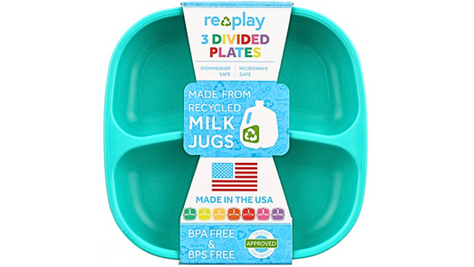 3-Divided Plates | Made From Recycled Jugs | Set of Three (3). Colors: Aqua Green, Orange, Lime Green