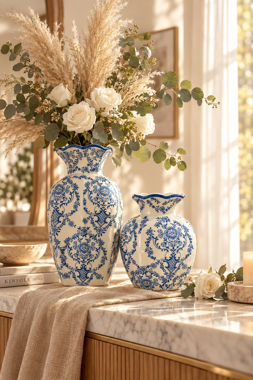 Blue and White Chinoiserie Vase Large|H 9.5 X W 6 X L 5