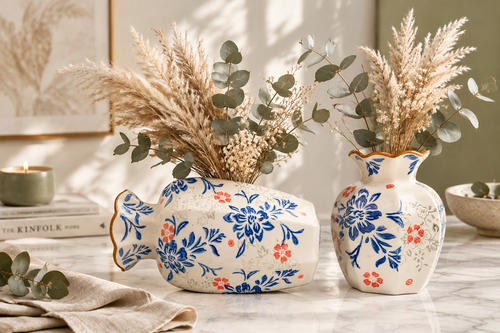 Two ceramic fish-shaped vases with blue floral patterns and small red accents, displayed on a clean white background