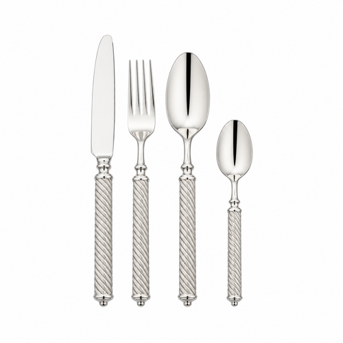 Aria Texture Gold flatware 4 piece place setting made of heavy duty 304 stainless steel including dinner knife fork spoon and teaspoon on a clean minimalist neutral background.