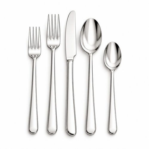 A five-piece stainless steel flatware set with matching handles, including a dinner fork, salad fork, knife, soup spoon, and tea spoon, arranged on a dark speckled countertop.