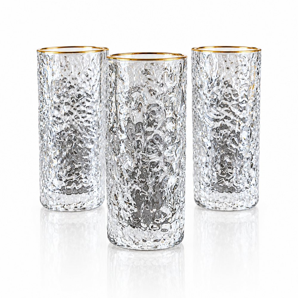 Gold-Rim Textured Highball Glasses | Set of 4