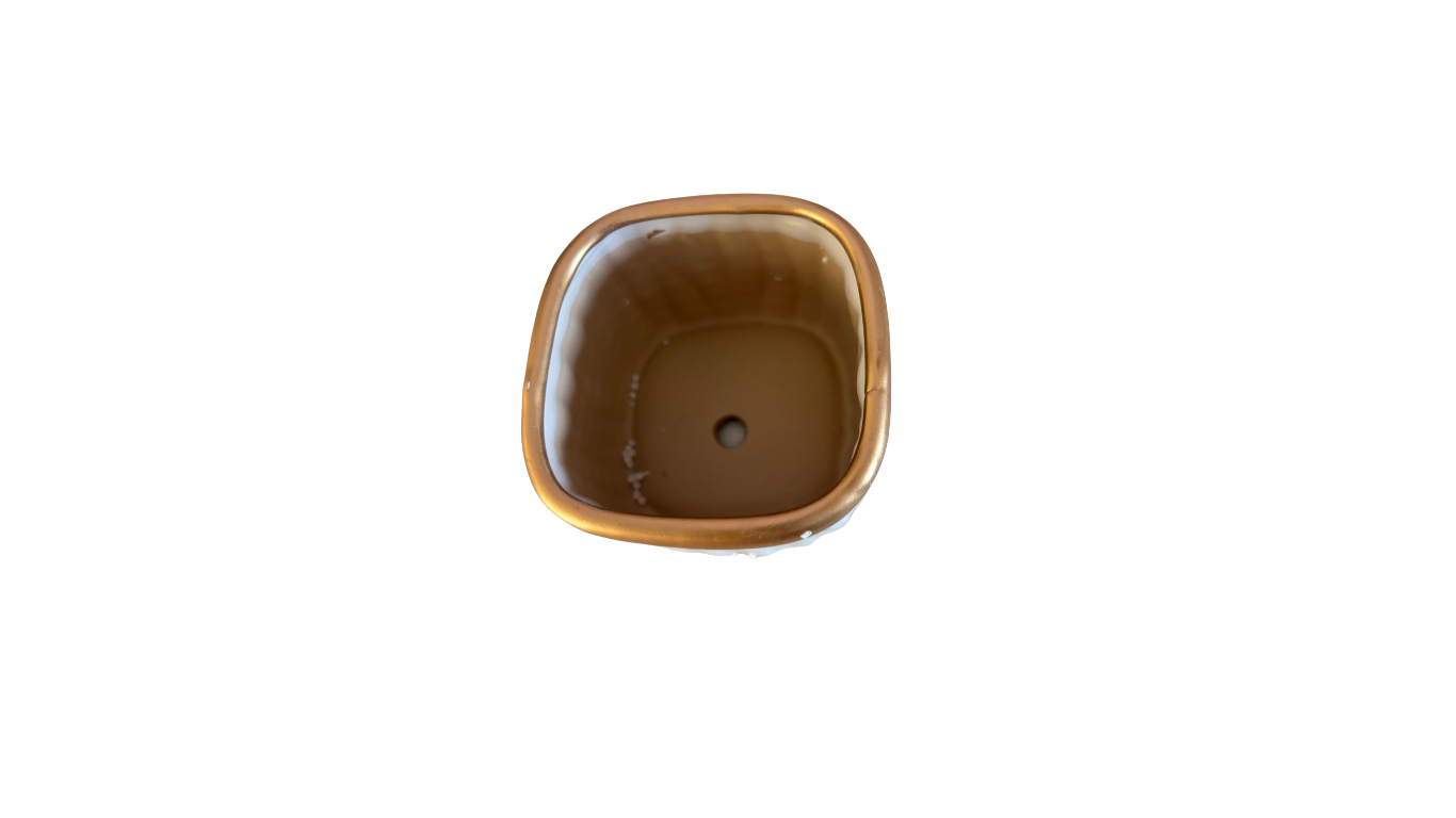 Handcrafted Ribbed Ceramic Mini Planter – White & Gold Glazed Interior