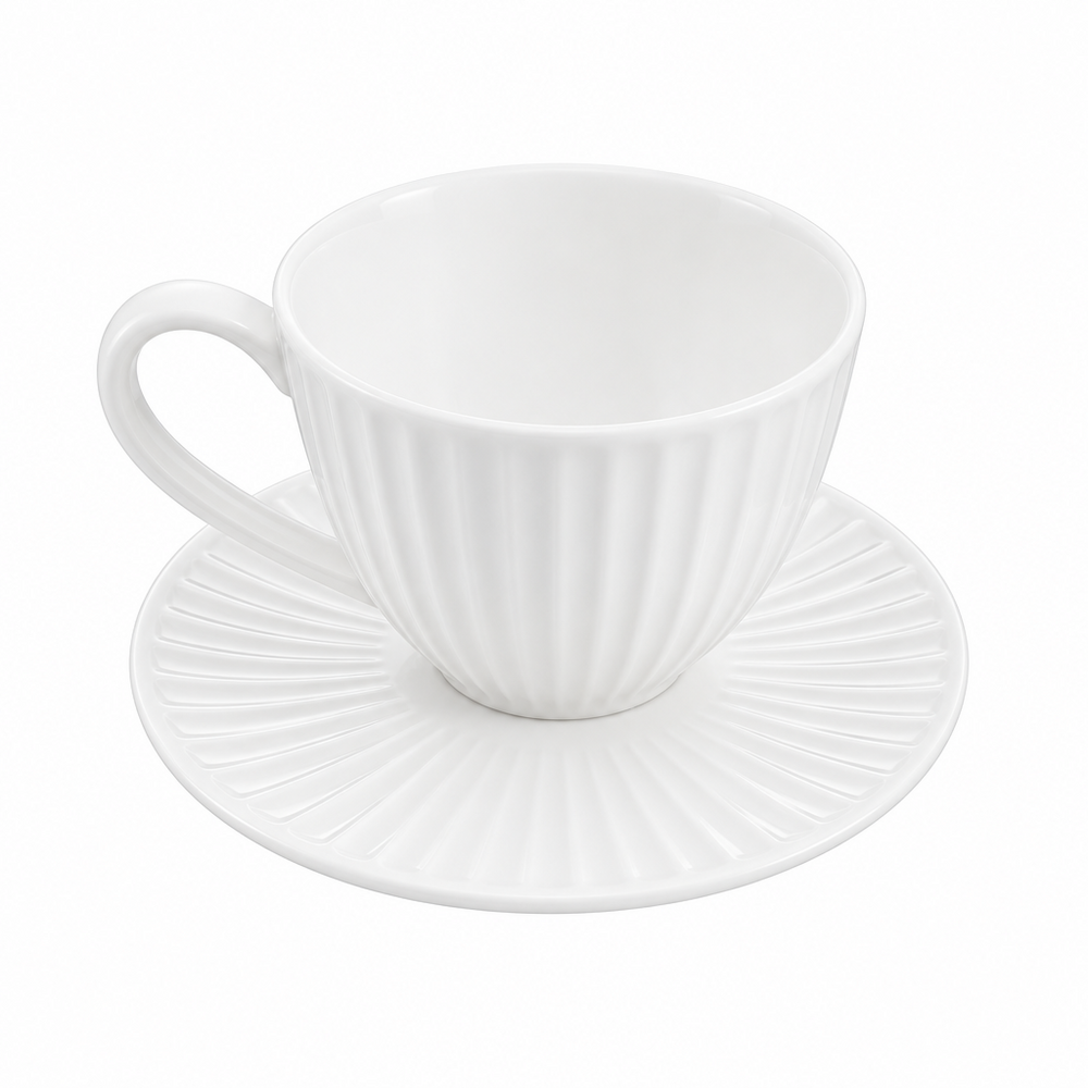White Ribbed Ceramic Cup & Saucer Set – 340ml