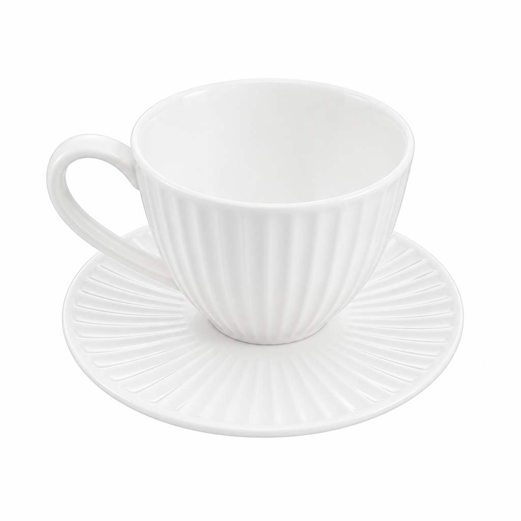 White Ribbed Ceramic Cup & Saucer Set – 340ml