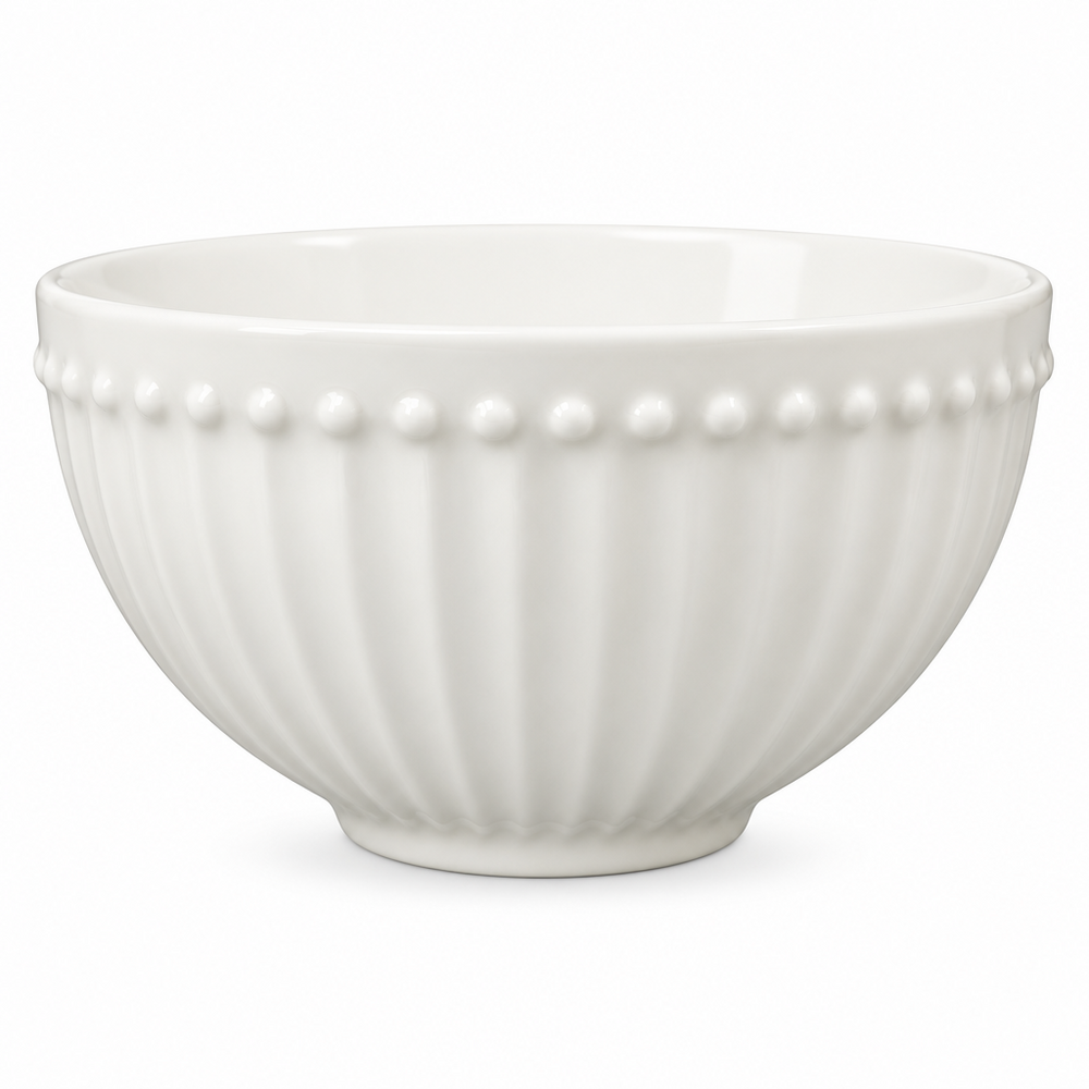 Ribbed Ceramic Cereal, Salad & Soup Bowl, White Fluted Stoneware