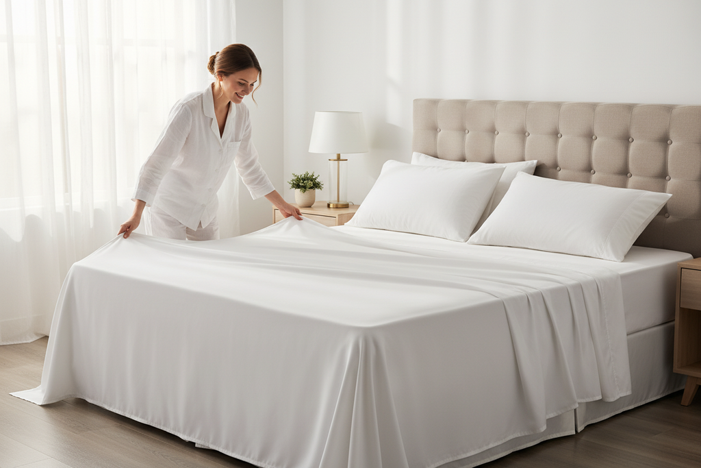Bamboo Sheet Set - Woman Making Bed