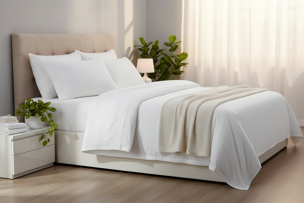 Bedroom with Side Table and Green Plants