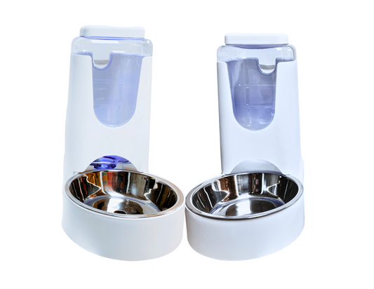 Pet Feeder - Food And Water Automatic Pull Dispenser for Dogs Cats Buuny etc., 100% BPA-Free, Gravity Refill, Easily Clean, Color: White &  Blue [Sold as Set or Single 1 Piece]