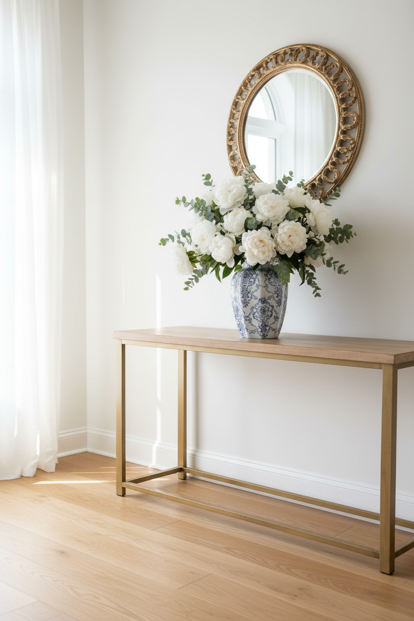 Blue White Vase with Flowers in Entryway