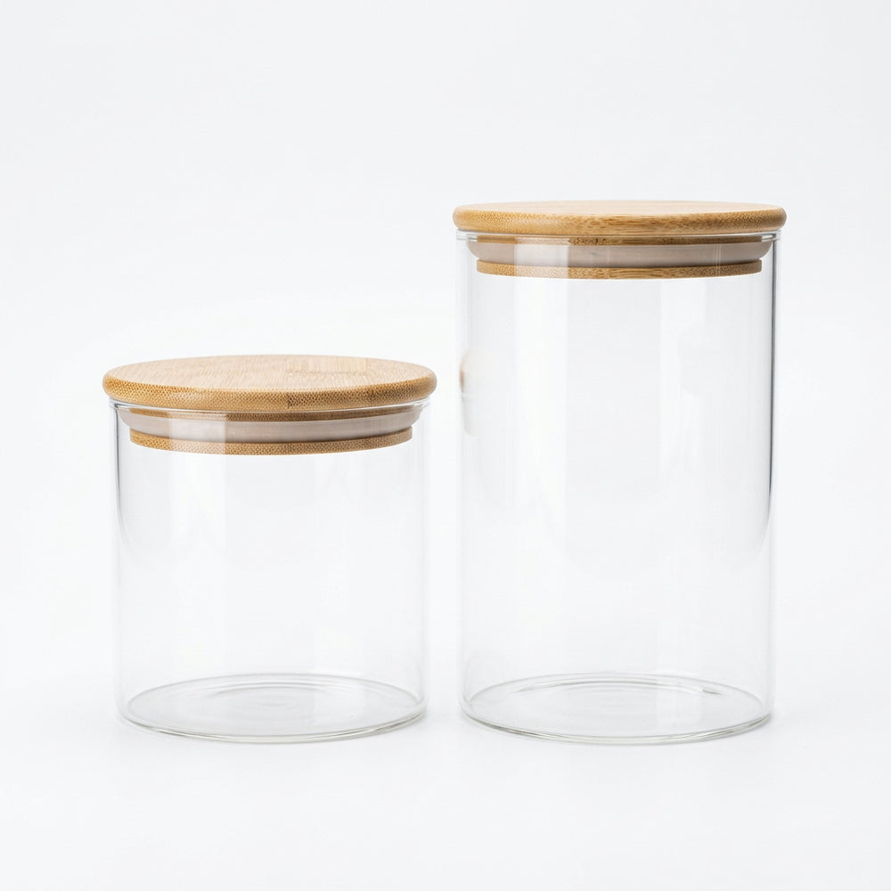 Glass Borosilicate  Storage Jars with Bamboo Lids,  Clear Kitchen Canisters with Silicone Seal for Coffee, Tea, Sugar, Spices & Pantry Staples| 16 -24 OZ