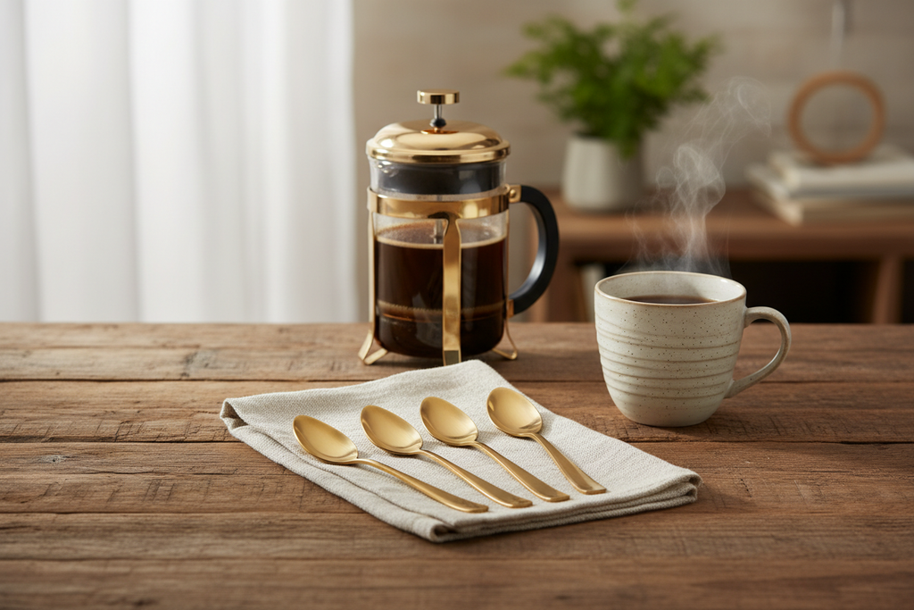 Brushed Gold Coffee Spoons - Morning Coffee Scene