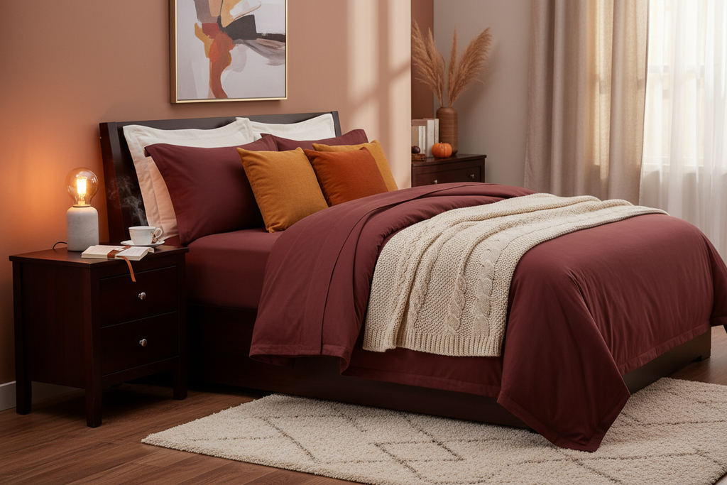 Burgundy Sheet Set Bedroom Scene