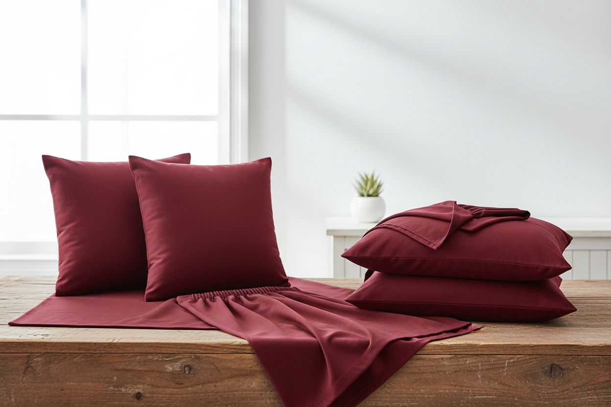 Burgundy Sheet Set on Wooden Table