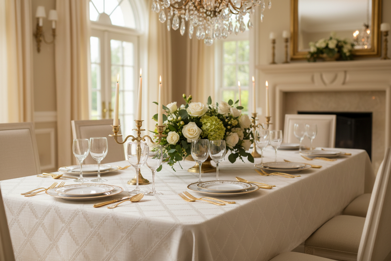 Champagne Lenox Tablecloth on Formal Dining Table