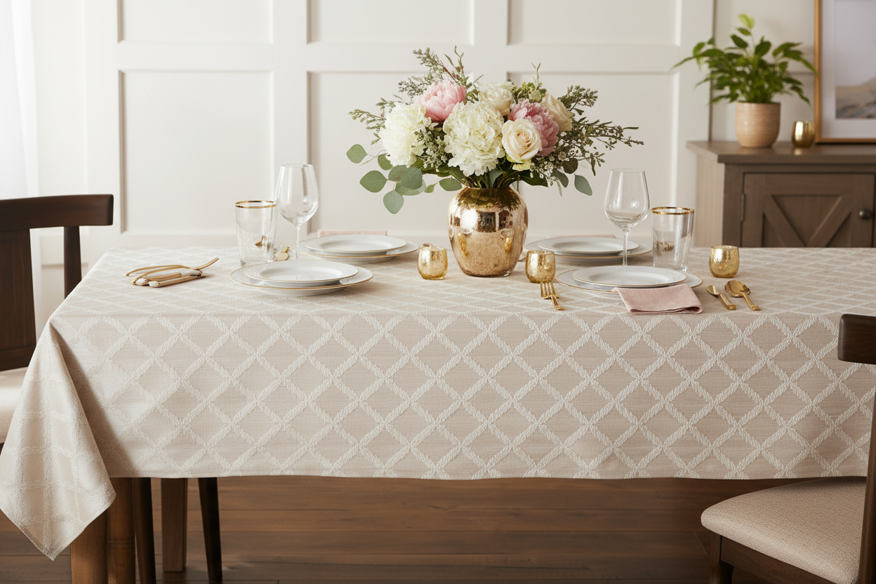 Champagne Lenox Tablecloth on Wooden Table with Flowers