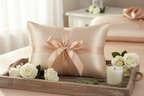 Champagne Satin Pillowcases Gift Wrapped with Flowers and Candle