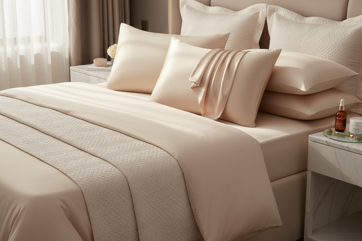 Champagne Satin Pillowcases with Skincare Products on Nightstand
