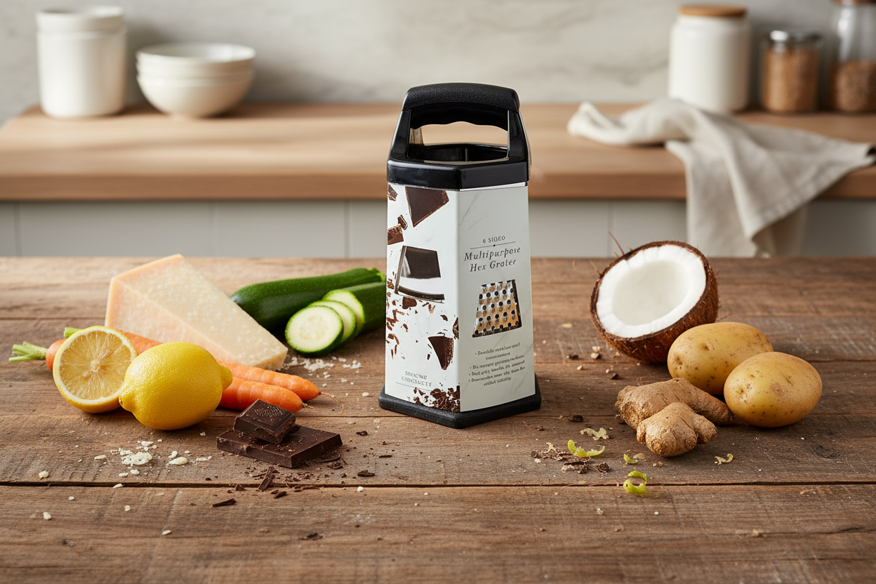 Core Hex Grater - Wooden Table with All Grateable Ingredients