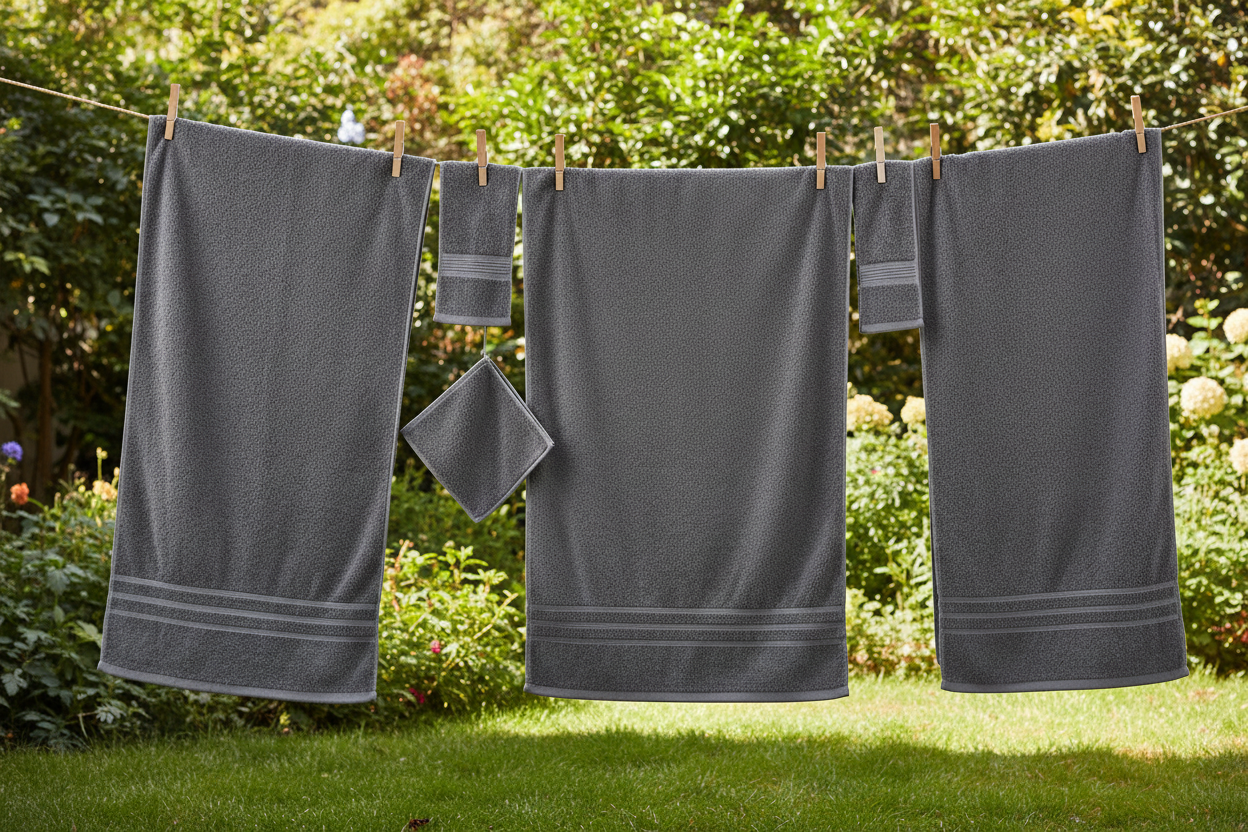 Dark grey Turkish cotton towel set pinned on an outdoor clothesline