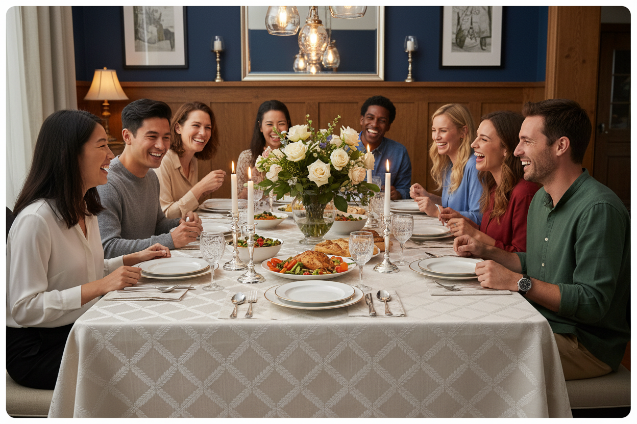 Diverse Group Dining on Champagne Lenox Tablecloth