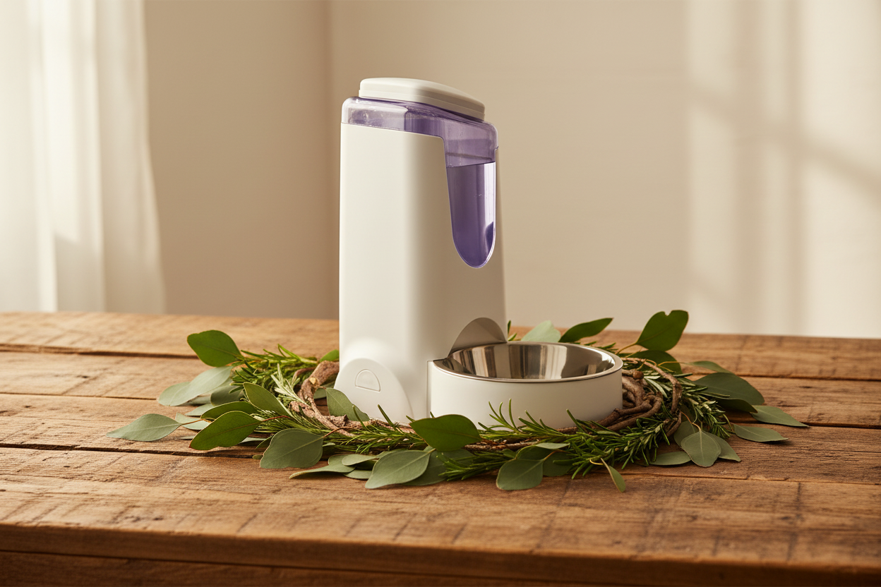 Dog Food & Water Dispenser on Rustic Wooden Table with Green Leaves