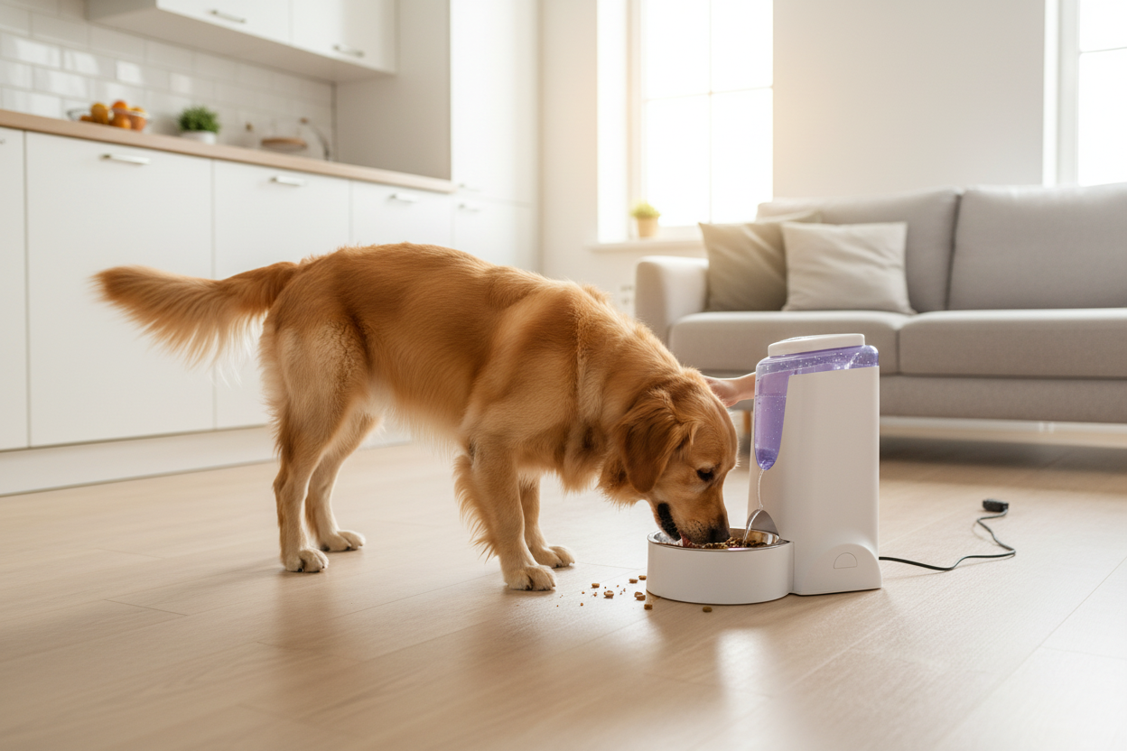 Golden Retriever Using Dog Food & Water Dispenser in Modern Home
