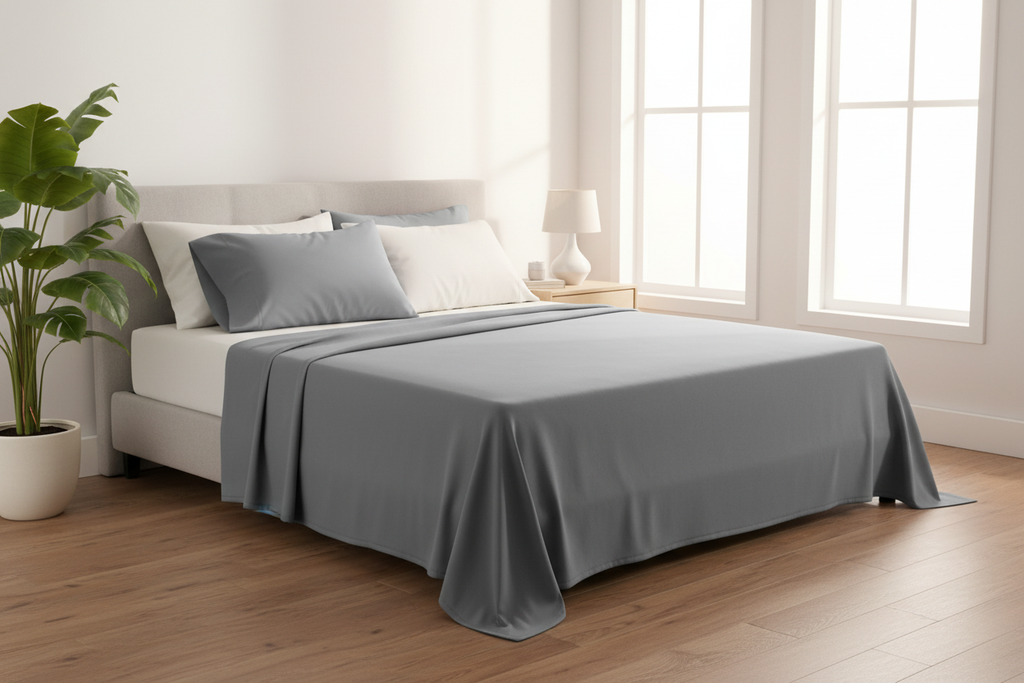 Grey Microfiber Sheet Set - Well-Lit Bedroom with Green Plant
