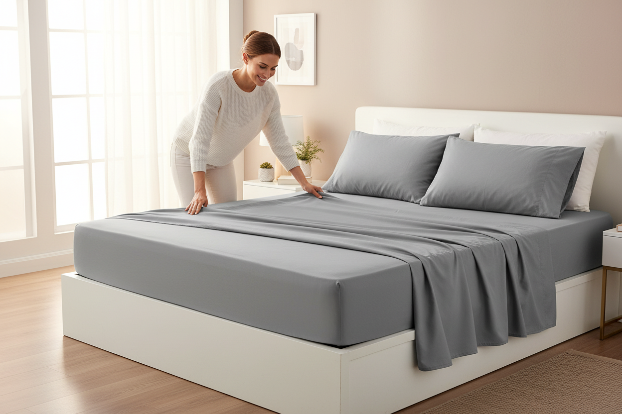 Grey Microfiber Sheet Set - Woman Making Bed