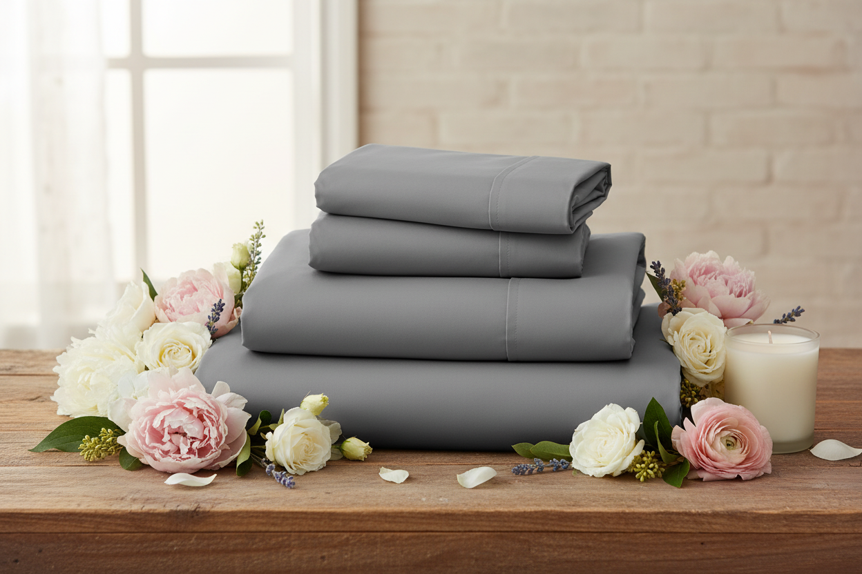 Grey Microfiber Sheet Set - Wooden Table with Flowers