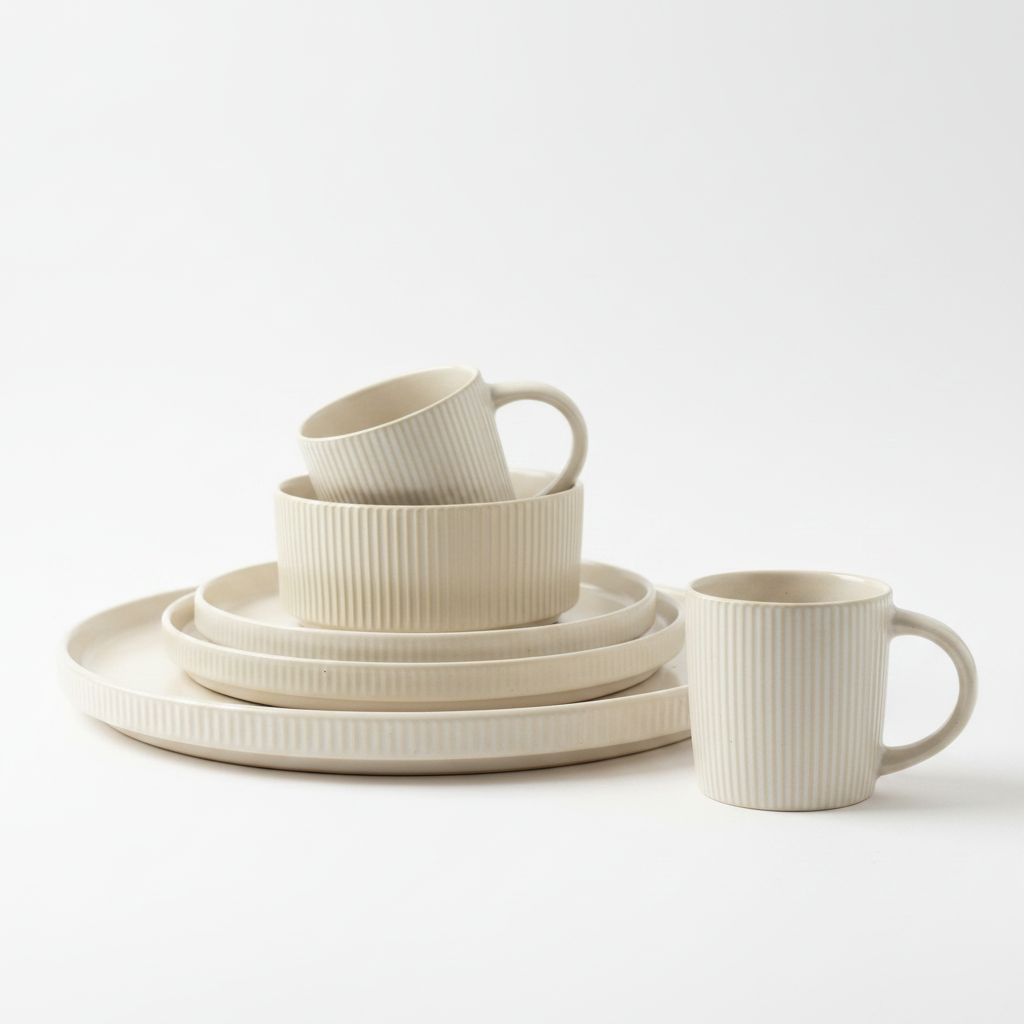 Handmade Ribbed Stoneware Dinnerware Set