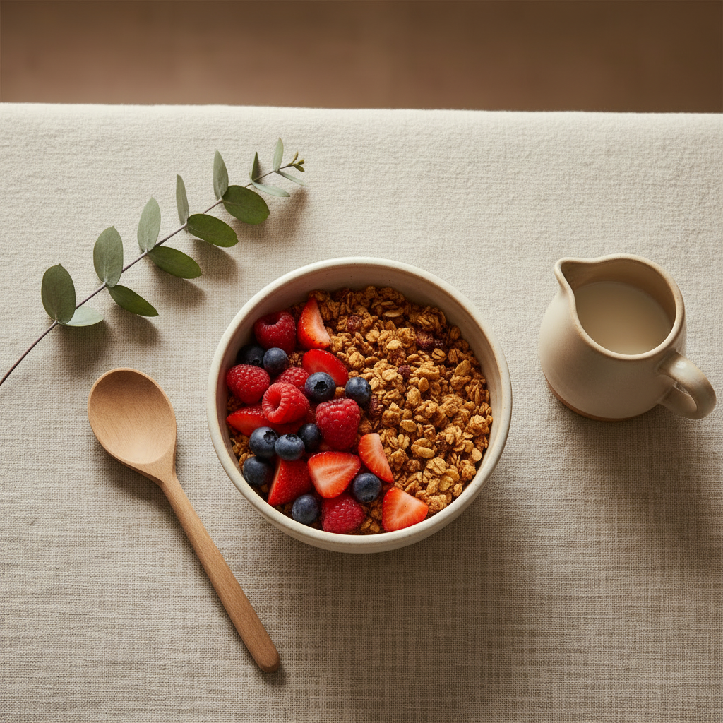 Organic Latte Stoneware Bowl styled with granola and fresh berries