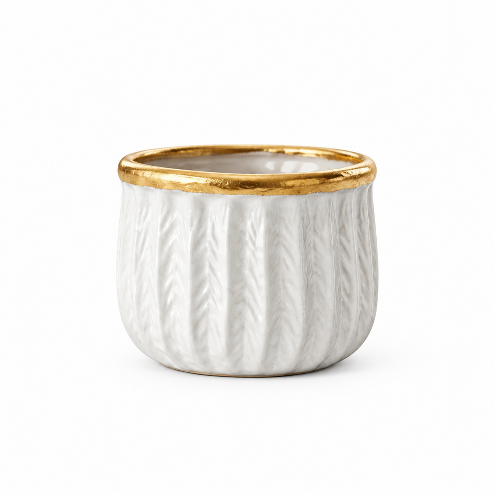 Handcrafted Ribbed Ceramic Mini Planter – White & Gold Glazed Interior