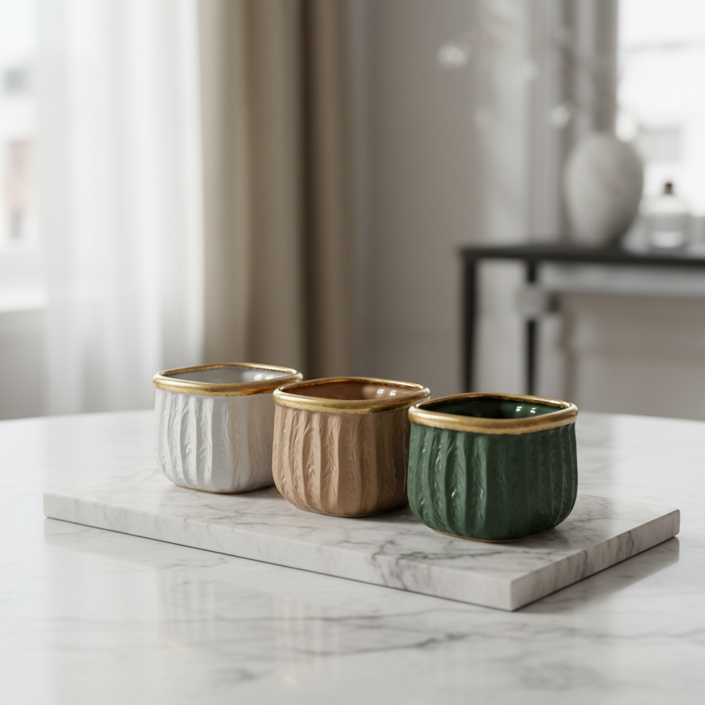Ceramic ribbed mini planters in multiple colors on marble surface